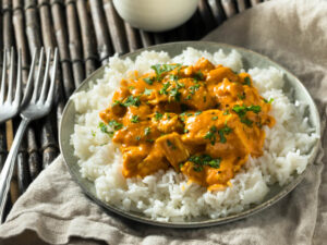 Belicious Coconut Chicken Curry with white rice on a plate